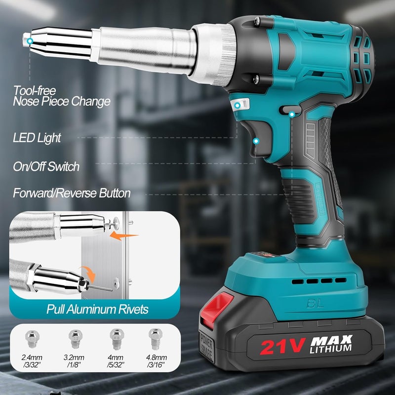 CAMXTOOL Cordless Rivet Gun with 2×2.0Ah Battery, Automatic Electric Rivet Gun Tool Brushless Pop Rivet Gun Kit for 3/32", 1/8", 5/32", 3/16" Rivets for Metal, Plastic and Leather - Image 4